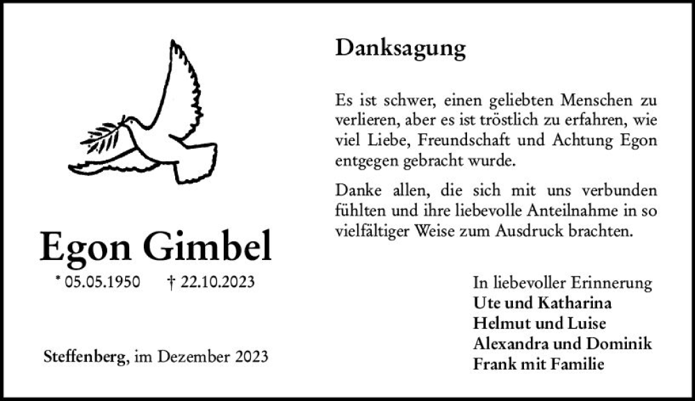  Traueranzeige für Egon Gimbel vom 30.12.2023 aus Hinterländer Anzeiger