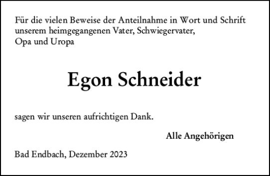Traueranzeige von Egon Schneider von Hinterländer Anzeiger