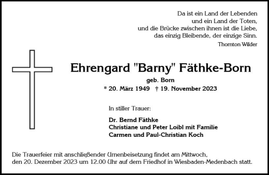 Traueranzeige von Ehrengard Fäthke-Born von Wiesbadener Kurier