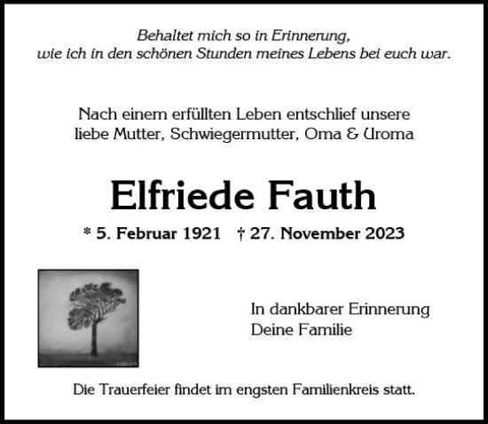 Traueranzeige von Elfriede Fauth von Wiesbadener Kurier