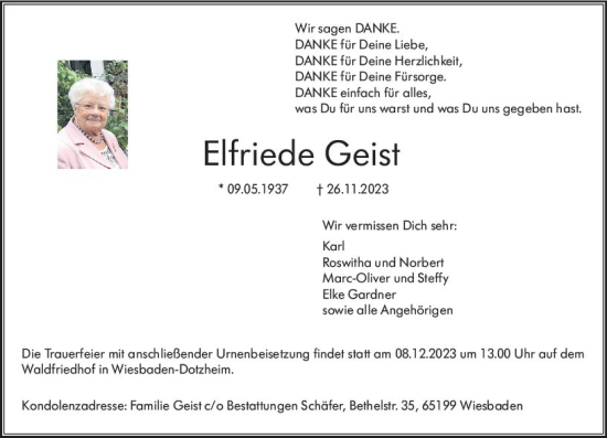 Traueranzeige von Elfriede Geist von Wiesbadener Kurier