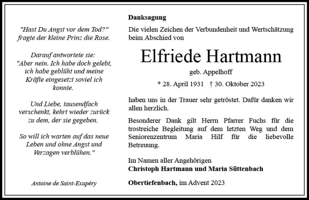  Traueranzeige für Elfriede Hartmann vom 16.12.2023 aus Nassauische Neue Presse