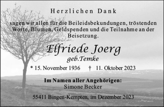 Traueranzeige von Elfriede Joerg von Allgemeine Zeitung Bingen/Ingelheim