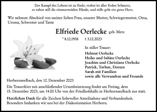 Traueranzeige von Elfriede Oerlecke von Dill Block