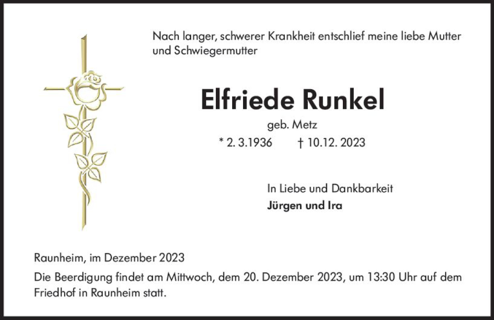  Traueranzeige für Elfriede Runkel vom 16.12.2023 aus Rüsselsheimer Echo