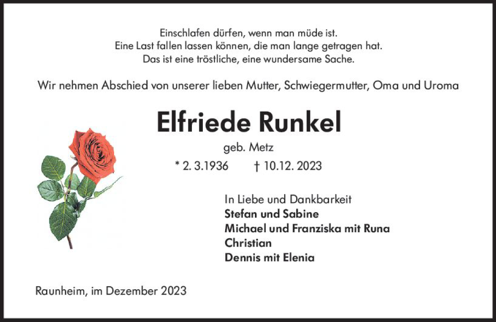  Traueranzeige für Elfriede Runkel vom 16.12.2023 aus Rüsselsheimer Echo