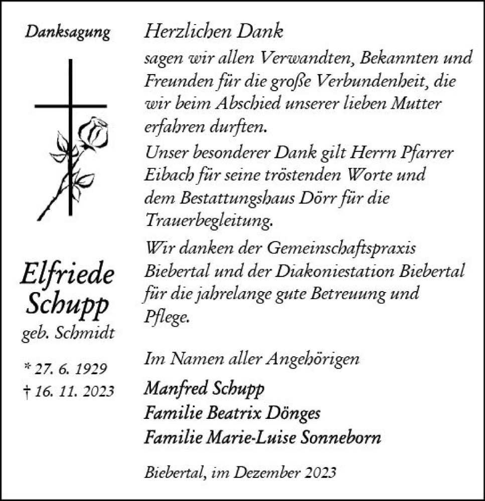  Traueranzeige für Elfriede Schupp vom 09.12.2023 aus Wetzlarer Neue Zeitung