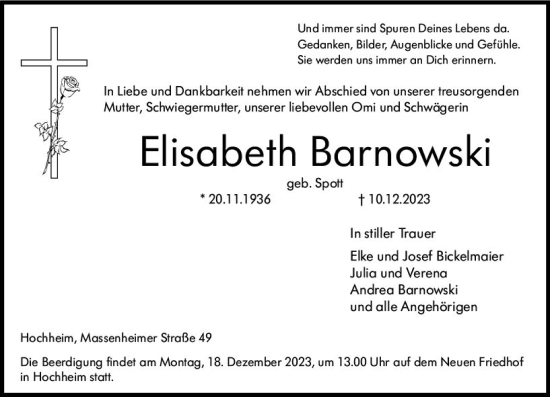 Traueranzeige von Elisabeth Barnowski von Hochheimer Zeitung
