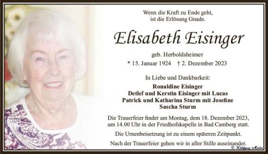 Traueranzeige von Elisabeth Eisinger von Camberger Anzeiger