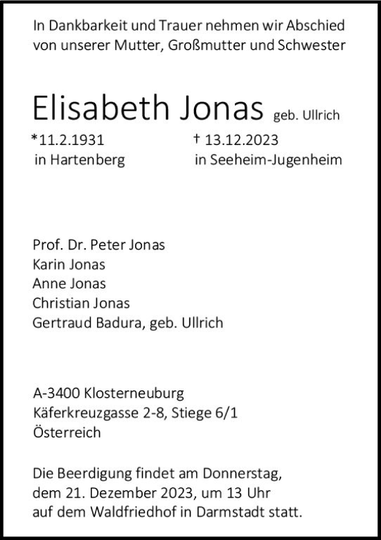 Traueranzeige von Elisabeth Jonas von Darmstädter Echo