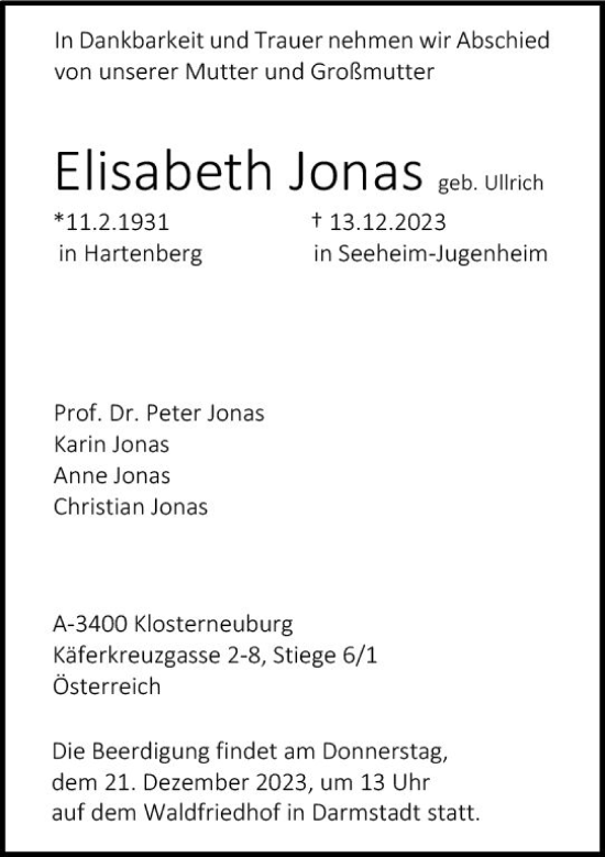 Traueranzeige von Elisabeth Jonas von Darmstädter Echo