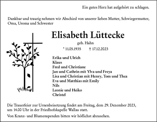 Traueranzeige von Elisabeth Lüttecke von Hinterländer Anzeiger