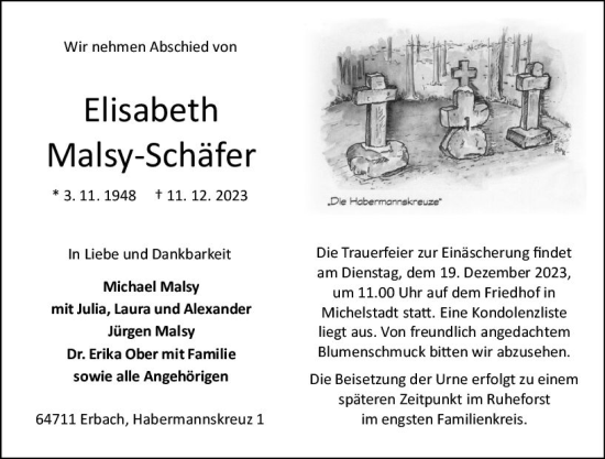 Traueranzeige von Elisabeth Malsy-Schäfer von Odenwälder Echo