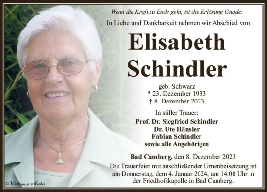 Traueranzeige von Elisabeth Schindler von Camberger Anzeiger