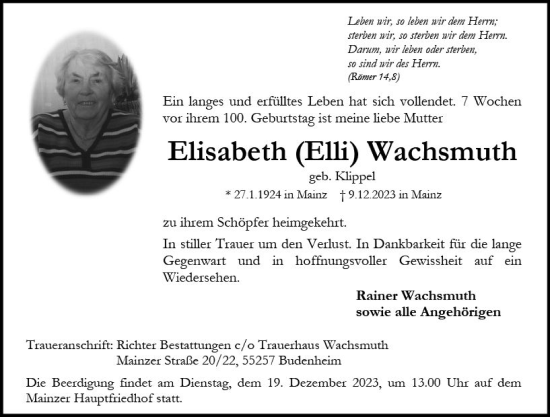 Traueranzeige von Elisabeth Wachsmuth von Allgemeine Zeitung Mainz