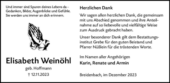 Traueranzeige von Elisabeth Weinöhl von Hinterländer Anzeiger
