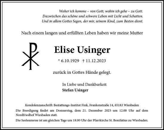 Traueranzeige von Elise Usinger von Wiesbadener Kurier