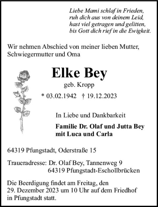 Traueranzeige von Elke Bey von Darmstädter Echo