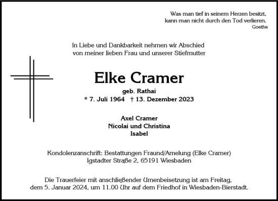 Traueranzeige von Elke Cramer von Wiesbadener Kurier