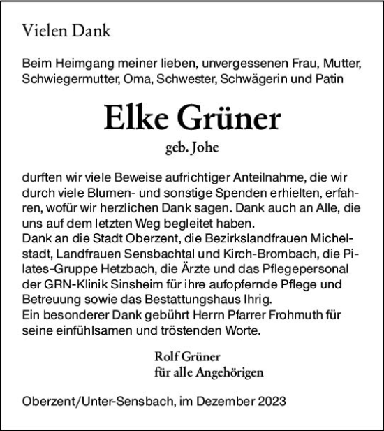 Traueranzeige von Elke Grüner von Odenwälder Echo