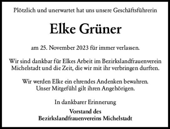 Traueranzeige von Elke Grüner von Odenwälder Echo