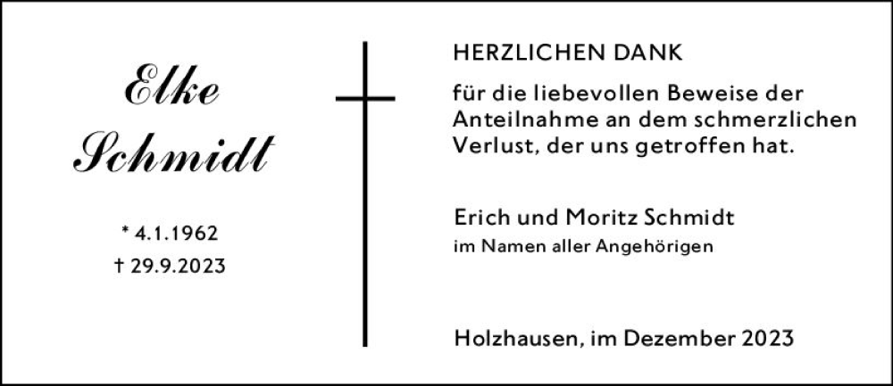  Traueranzeige für Elke Schmidt vom 09.12.2023 aus Hinterländer Anzeiger