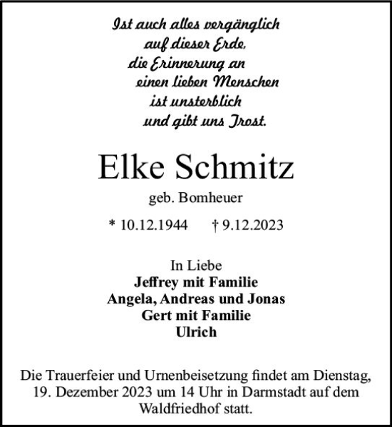 Traueranzeige von Elke Schmitz von Darmstädter Echo
