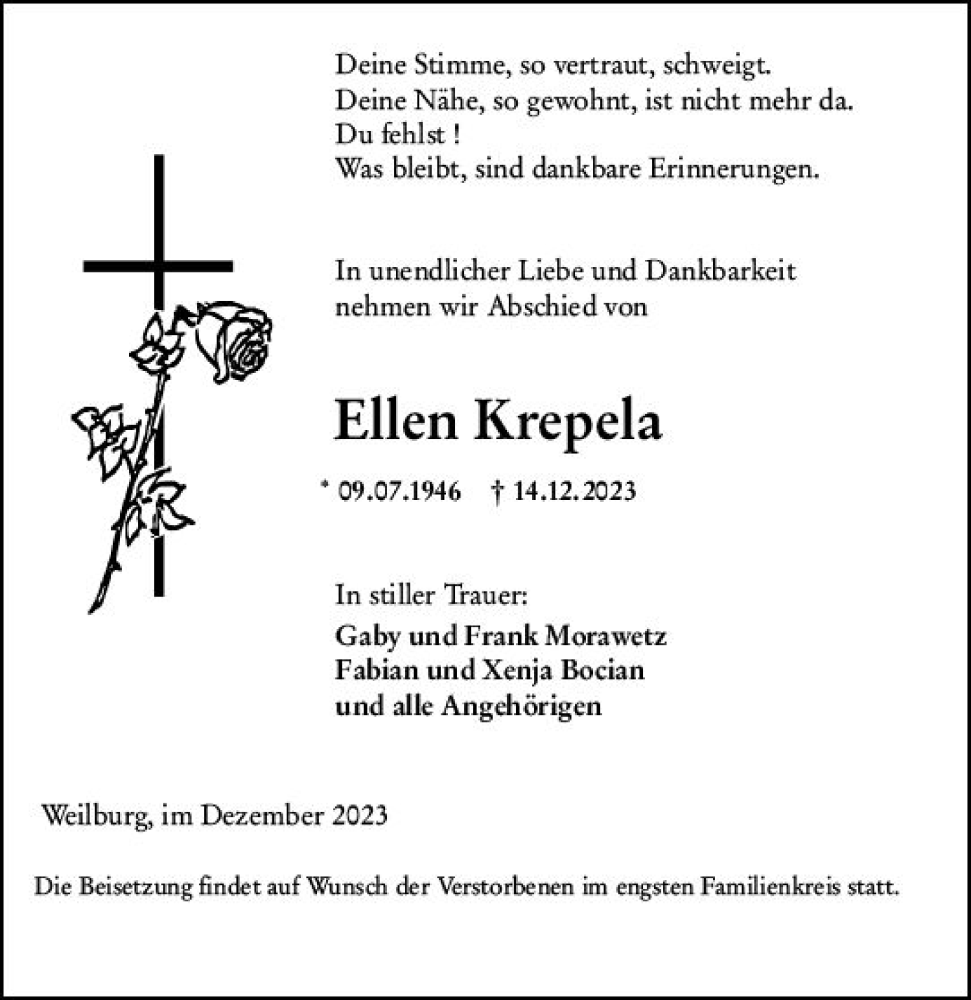  Traueranzeige für Ellen Krepela vom 23.12.2023 aus Weilburger Tageblatt
