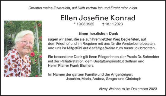 Traueranzeige von Ellen Josefine Konrad von Allgemeine Zeitung Alzey