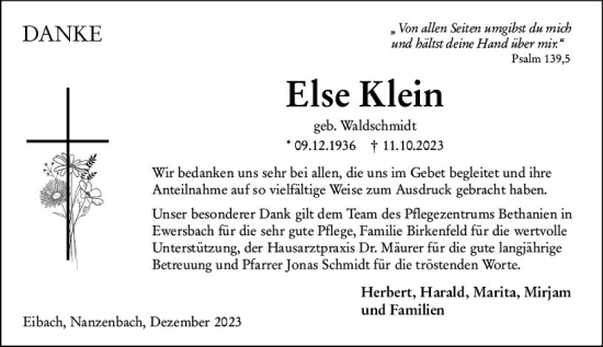 Traueranzeige von Else Klein von Dill Block
