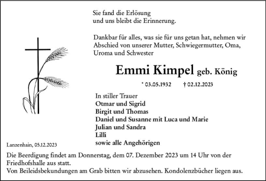 Traueranzeige von Emmi Kimpel von VRM Trauer