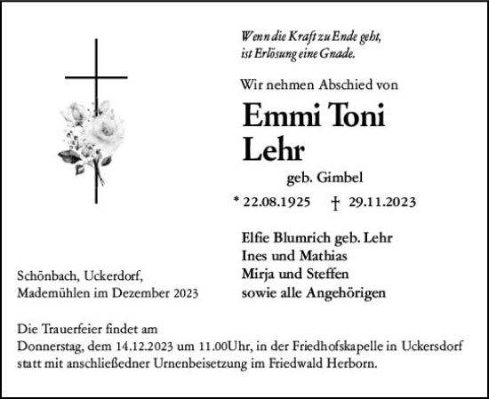 Traueranzeige von Emmi Toni Lehr von Dill Block