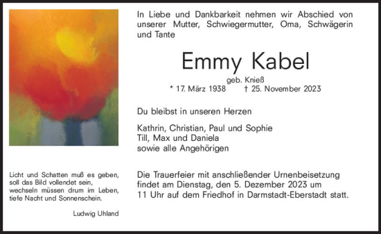 Traueranzeige von Emmy Kabel von Darmstädter Echo
