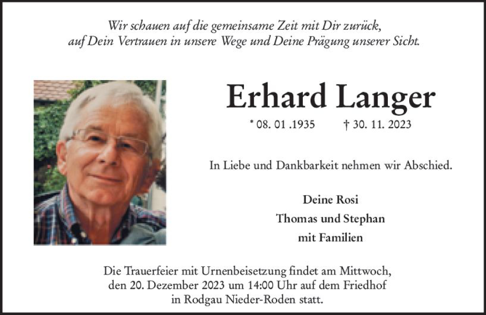  Traueranzeige für Erhard Langer vom 16.12.2023 aus Odenwälder Echo