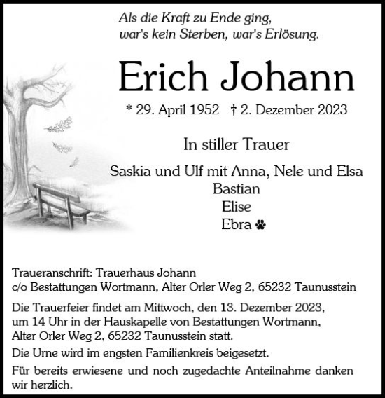 Traueranzeige von Erich Johann von Wiesbadener Kurier