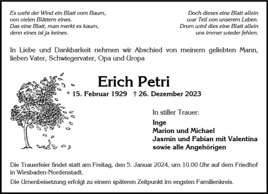Traueranzeige von Erich Petri von Wiesbadener Kurier