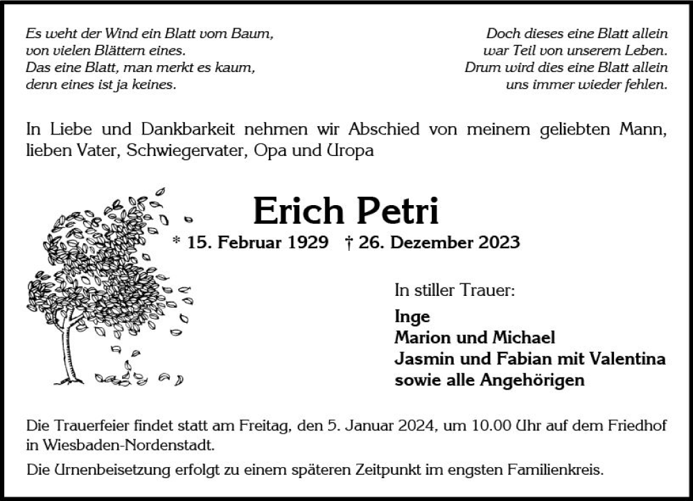  Traueranzeige für Erich Petri vom 30.12.2023 aus Wiesbadener Kurier