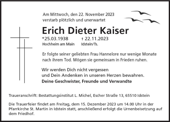 Traueranzeige von Erich Dieter Kaiser von Rüsselsheimer Echo