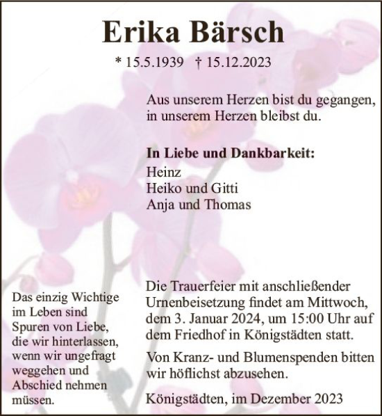 Traueranzeige von Erika Bärsch von Rüsselsheimer Echo
