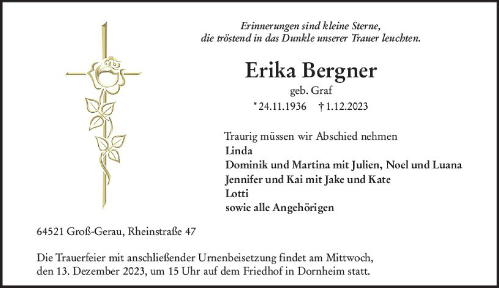  Traueranzeige für Erika Bergner vom 09.12.2023 aus Groß-Gerauer Echo