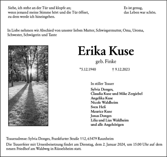 Traueranzeige von Erika Kuse von Rüsselsheimer Echo