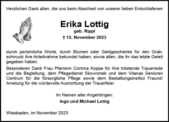 Traueranzeige von Erika Lottig von Wiesbadener Kurier