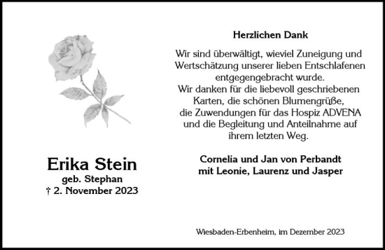 Traueranzeige von Erika Stein von Wiesbadener Kurier