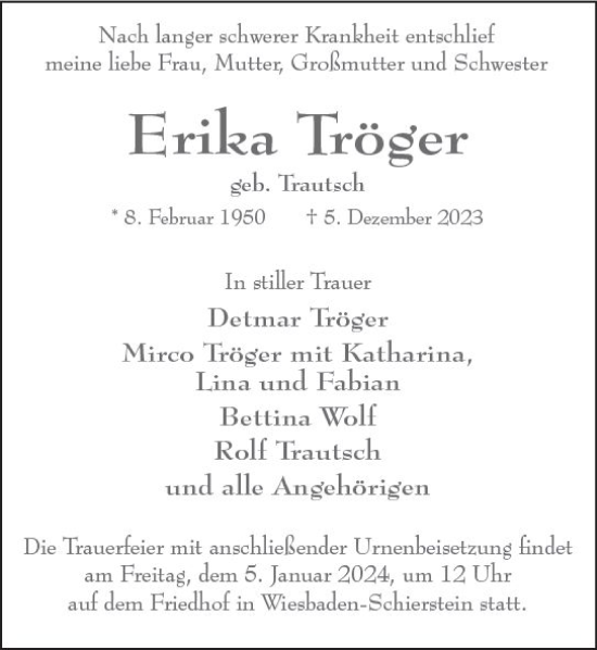 Traueranzeige von Erika Tröger von Wiesbadener Kurier