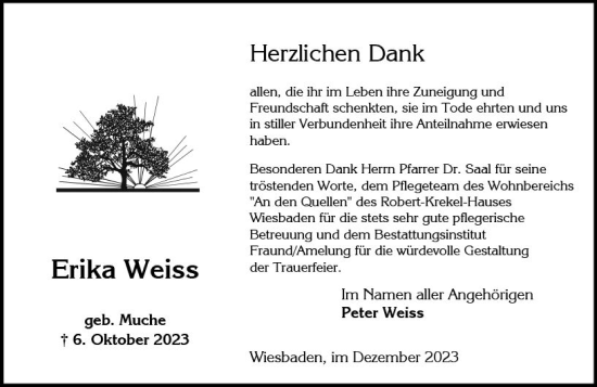 Traueranzeige von Erika Weiss von Wiesbadener Kurier