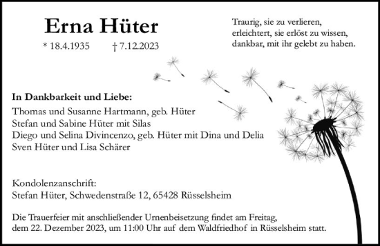 Traueranzeige von Erna Hüter von Rüsselsheimer Echo