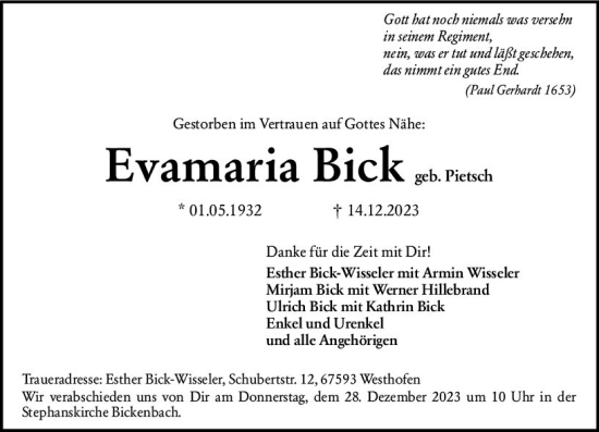 Traueranzeige von Evamaria Bick von Darmstädter Echo