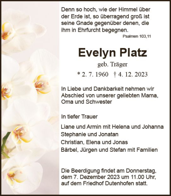 Traueranzeige von Evelyn Platz von Wetzlarer Neue Zeitung
