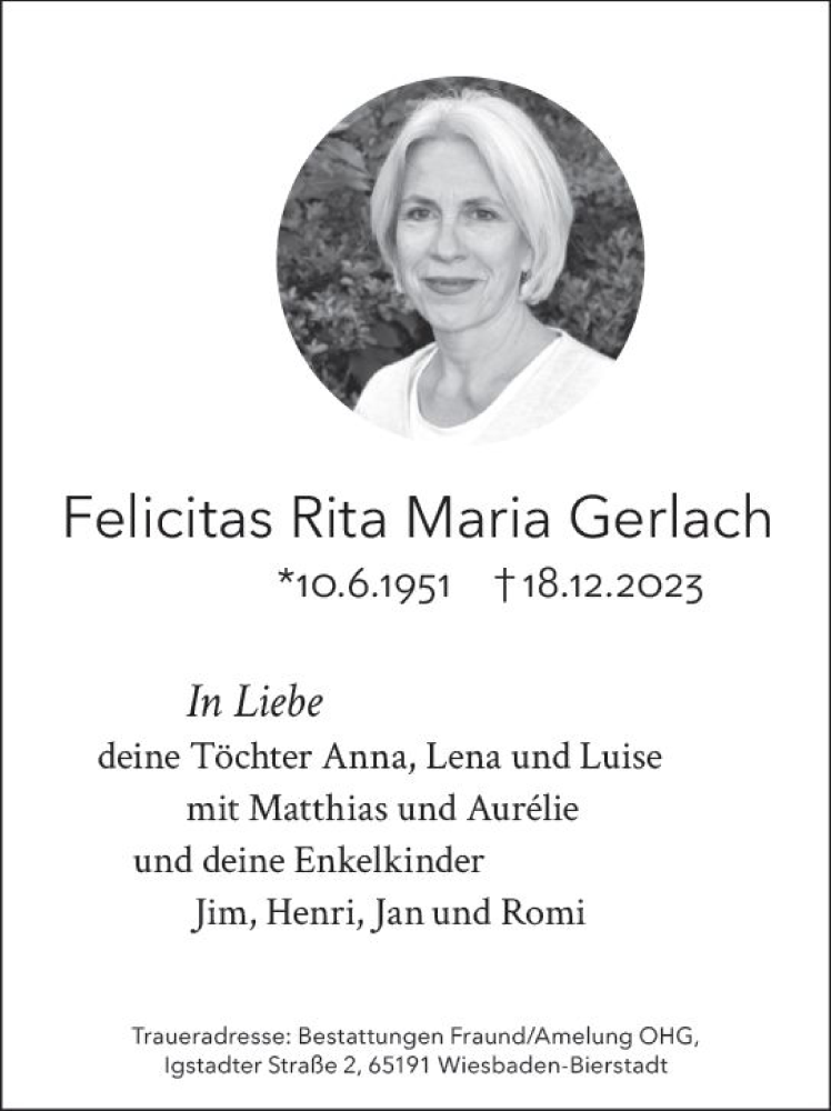  Traueranzeige für Felicitas Rita Maria Gerlach vom 23.12.2023 aus Wiesbadener Kurier