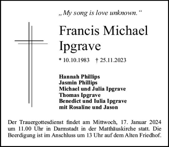 Traueranzeige von Francis Michael Ipgrave von Darmstädter Echo